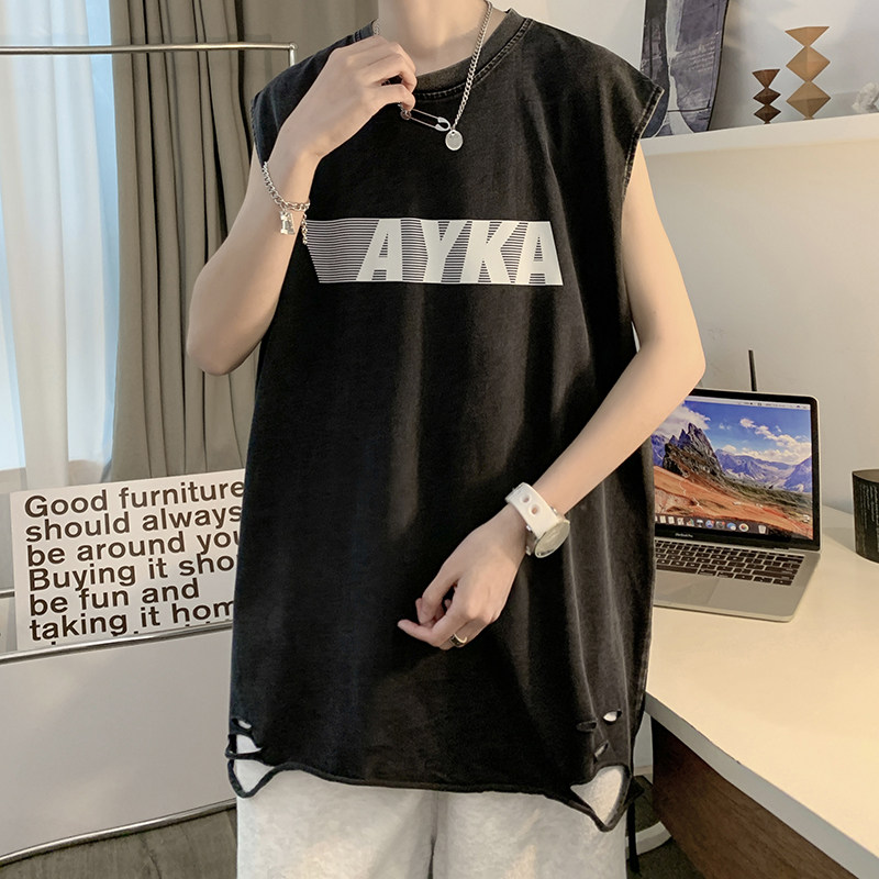 自行拼款240克重磅欧美式潮牌男女水洗背心无袖t恤BX117-P35,男装T恤,电商A486