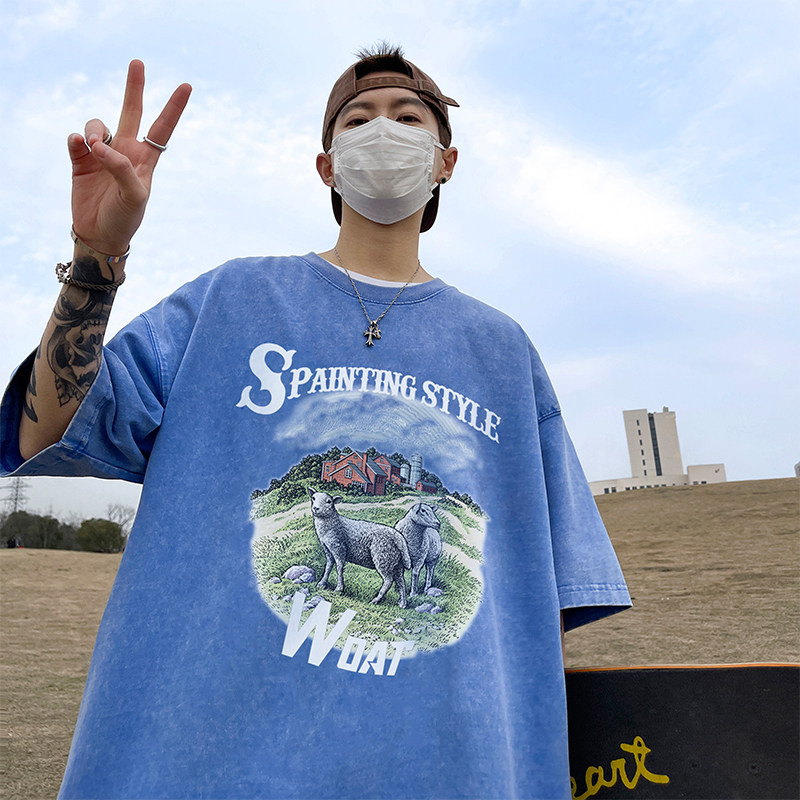 可自助拼款240克重磅水洗纯棉美式水洗蜡染宽松短袖t恤T738-P35,男装T恤,电商A486