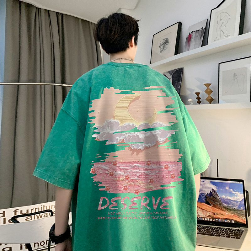 数据超好重磅抖音品质美式复古蜡染水洗做旧宽松短袖t恤T969P38,男装T恤,电商A486