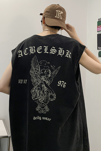 抖音品质 数据超好 美式暗黑水洗做旧潮牌无袖t恤背心 BX672-P35图片