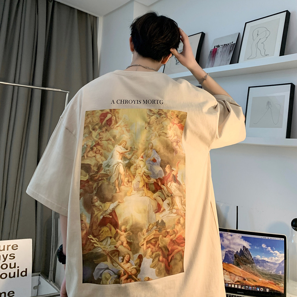 直播有重磅280克纯棉双纱美式潮牌印花宽松情侣短袖t恤T589-P25,男装T恤,电商A486