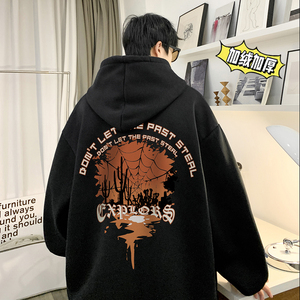 500g重磅 冬装加绒加厚  潮牌美式宽松连帽印花卫衣外套 W657-P50图片