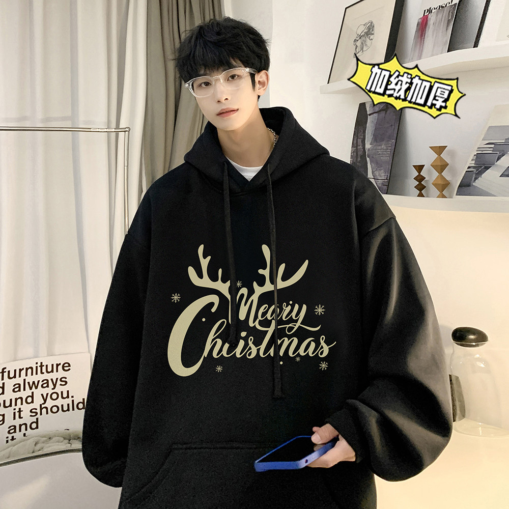 圣诞系列冬装加绒加厚潮牌卡通宽松连帽印花卫衣外套W679-P50,男装卫衣,电商A486
