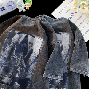 重磅纯棉 抖音品质 美式复古嘻哈蜡染水洗做旧宽松短袖t恤D168P35图片