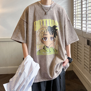 重磅纯棉 直播品质 美式卡通复古潮牌蜡染水洗做旧宽松t恤D190P35图片
