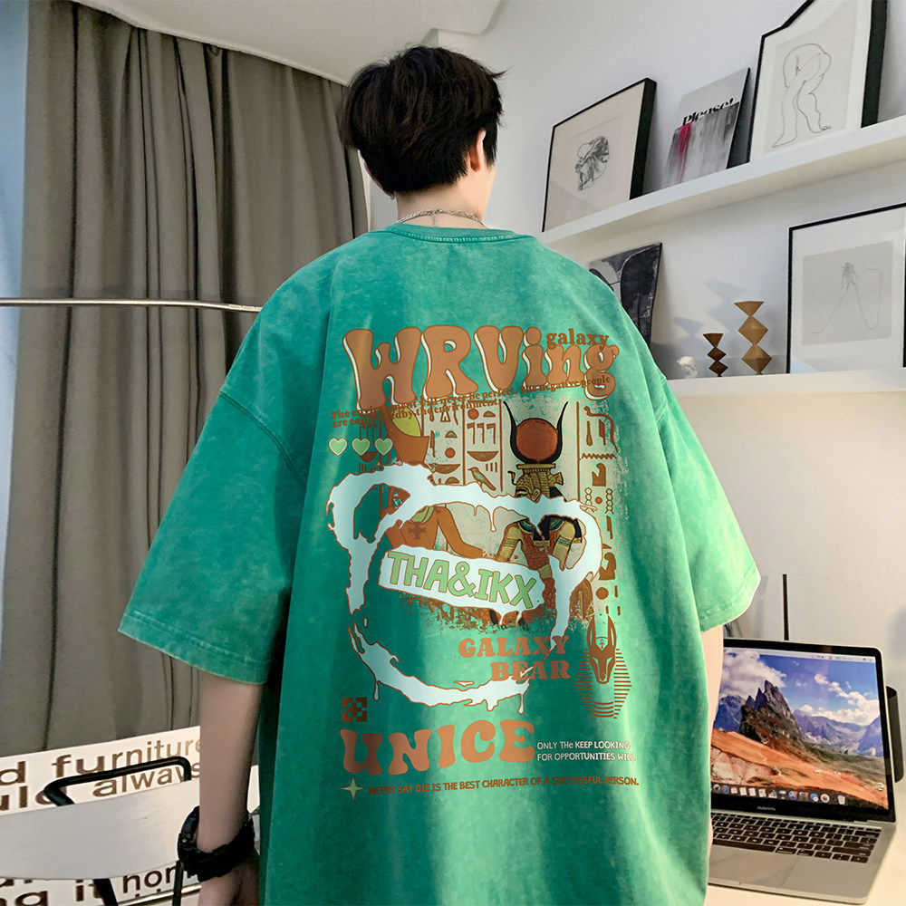 重磅纯棉直播品质美式复古蜡染印花水洗做旧宽松短袖t恤T668P35,男装T恤,电商A486