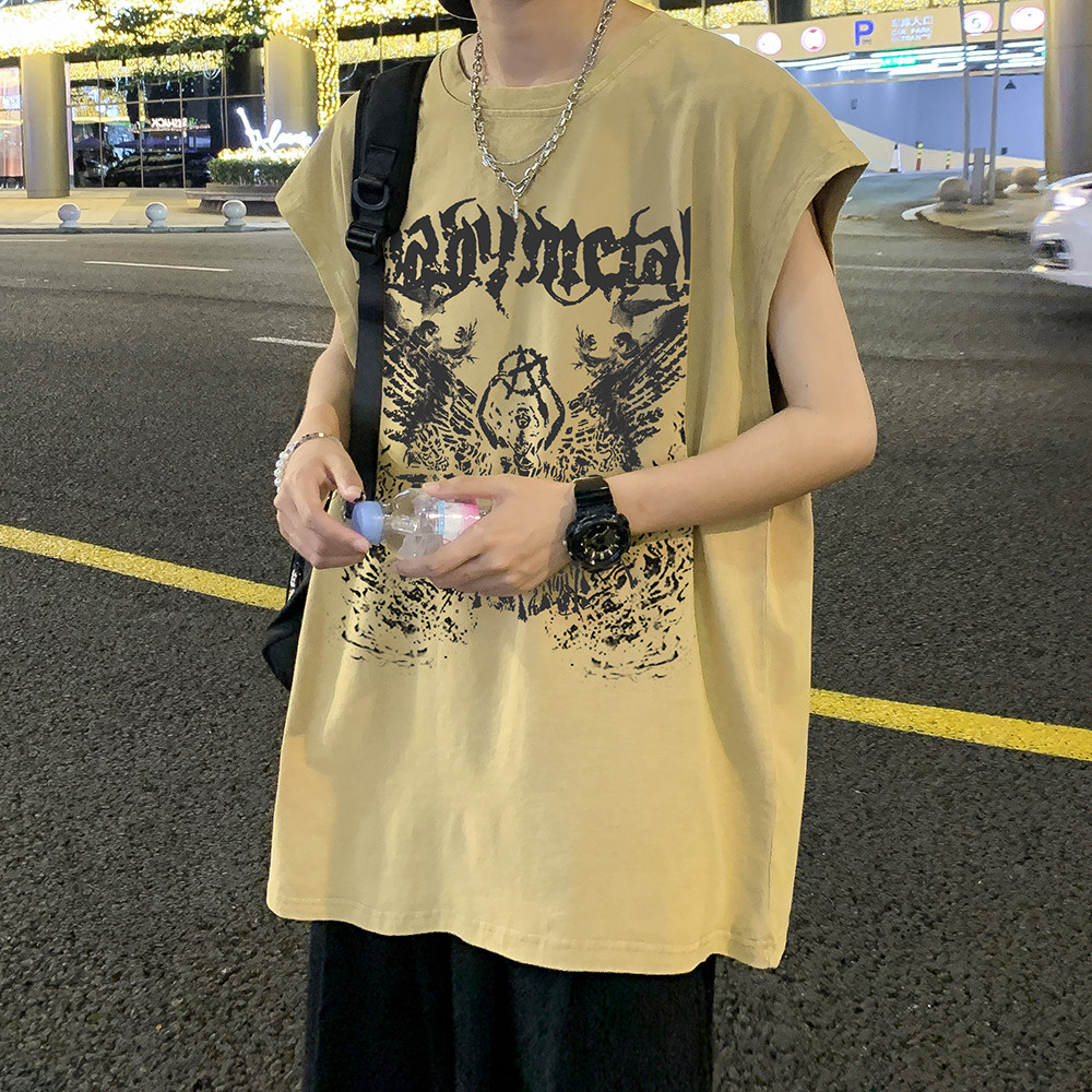 2023夏装新款美式暗黑水洗做旧潮牌无袖t恤背心BX661-P35,男装T恤,电商A486