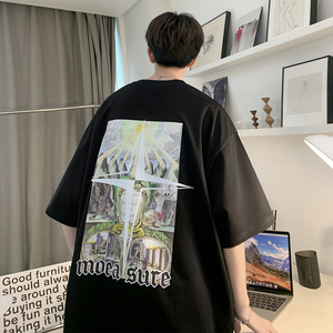 重磅纯 直播有280克双纱 美式复古潮牌印花宽松短袖t恤T658-P25图片