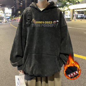 欧美式高街做旧水洗复古印花潮流连帽卫衣外套W556常规P65加绒P75