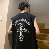 抖音品质240克重磅下摆破洞带项链欧美式印花水洗背心BX109-P35，男装T恤，电商A486