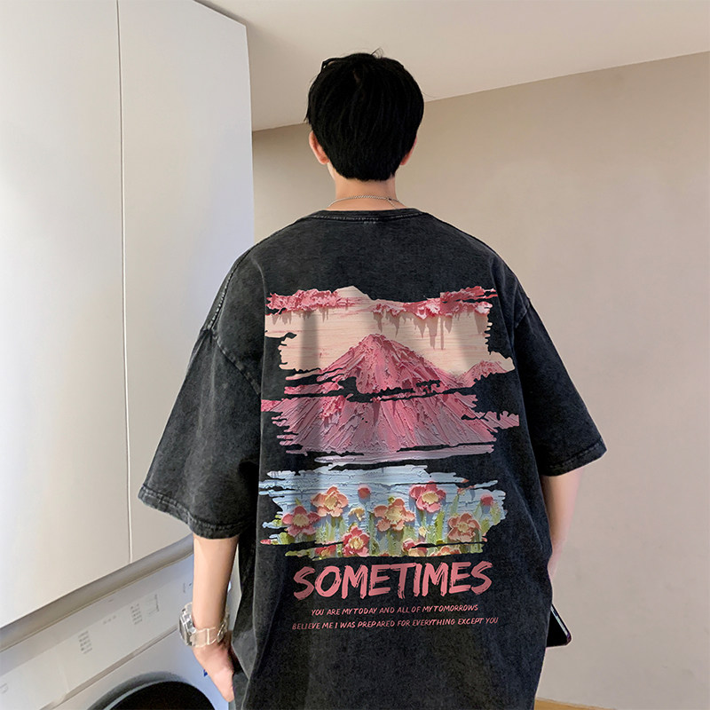 数据超好重磅抖音品质美式复古蜡染水洗做旧宽松短袖t恤T962P38,男装T恤,电商A486