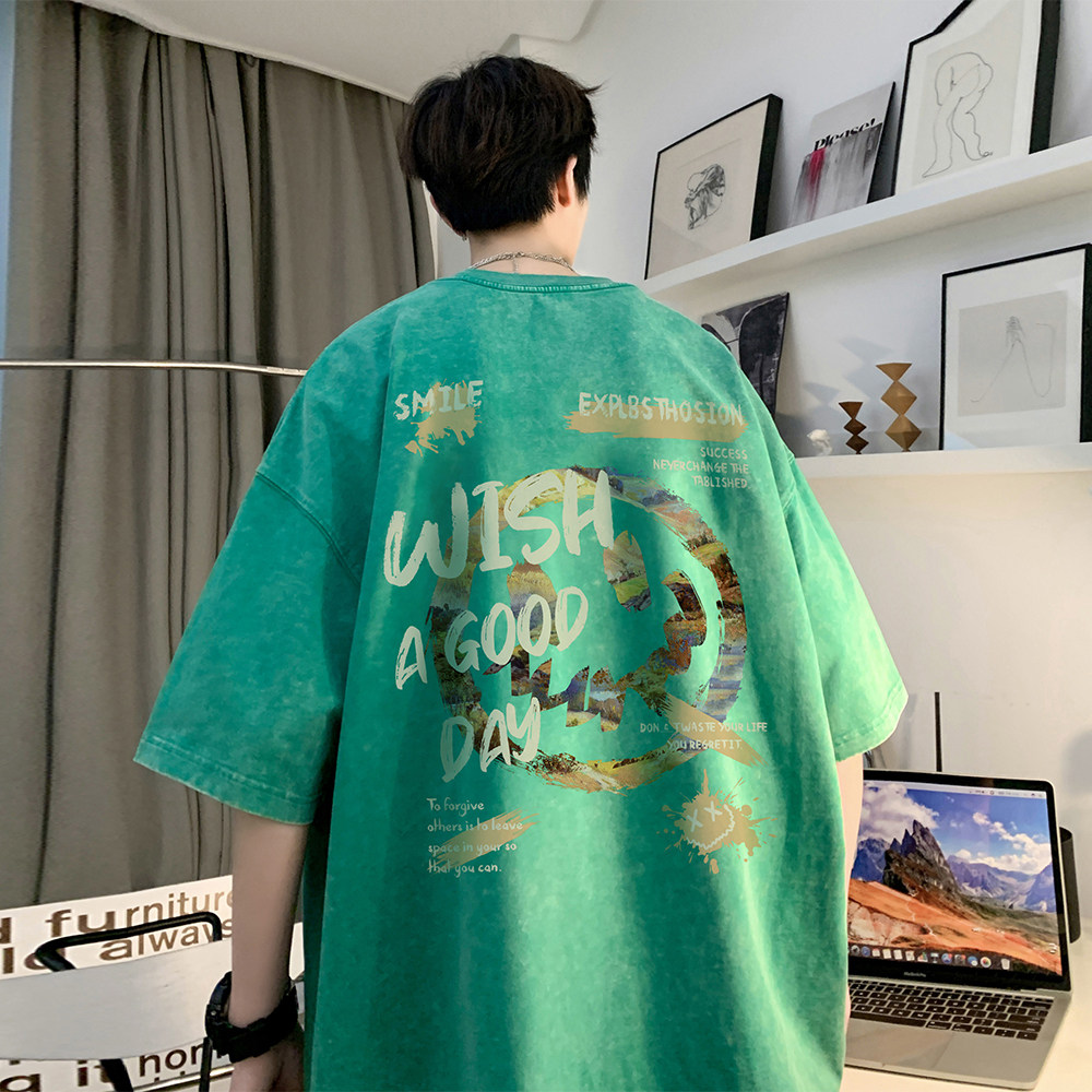 重磅纯棉 抖音品质 美式潮牌复古蜡染水洗做旧宽松短袖t恤T688P35图片