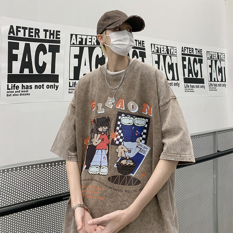 重磅纯棉直播品质美式复古卡通蜡染水洗做旧宽松短袖t恤T717P35,男装T恤,电商A486