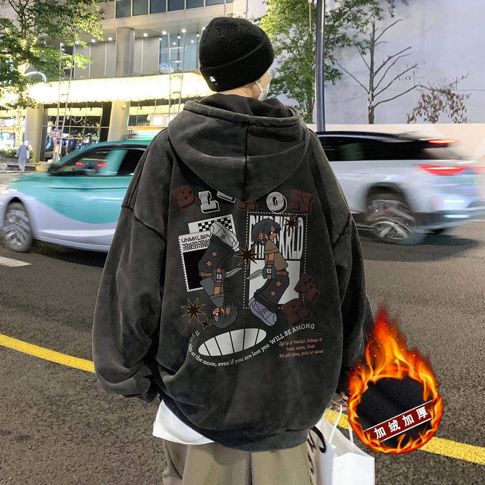 欧美式高街做旧水洗复古印花潮流连帽卫衣外套W557常规P65加绒P75图片