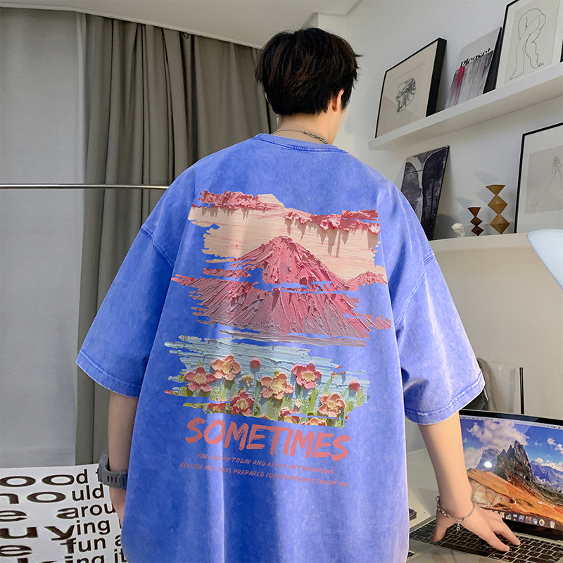 数据超好重磅抖音品质美式复古蜡染水洗做旧宽松短袖t恤T962P38,男装T恤,电商A486