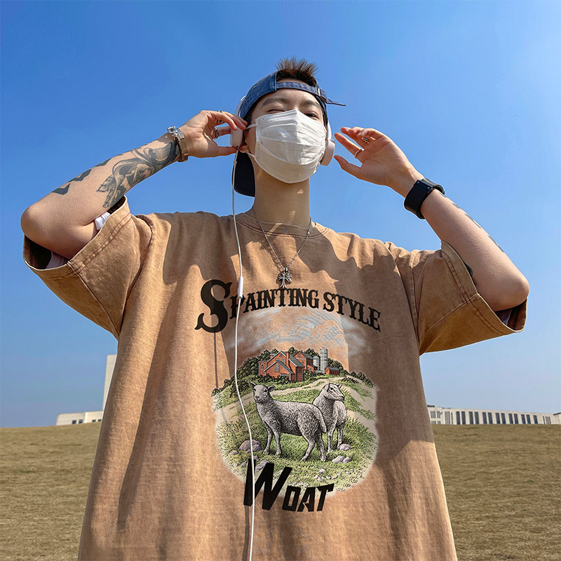 可自助拼款240克重磅水洗纯棉美式水洗蜡染宽松短袖t恤T738-P35,男装T恤,电商A486