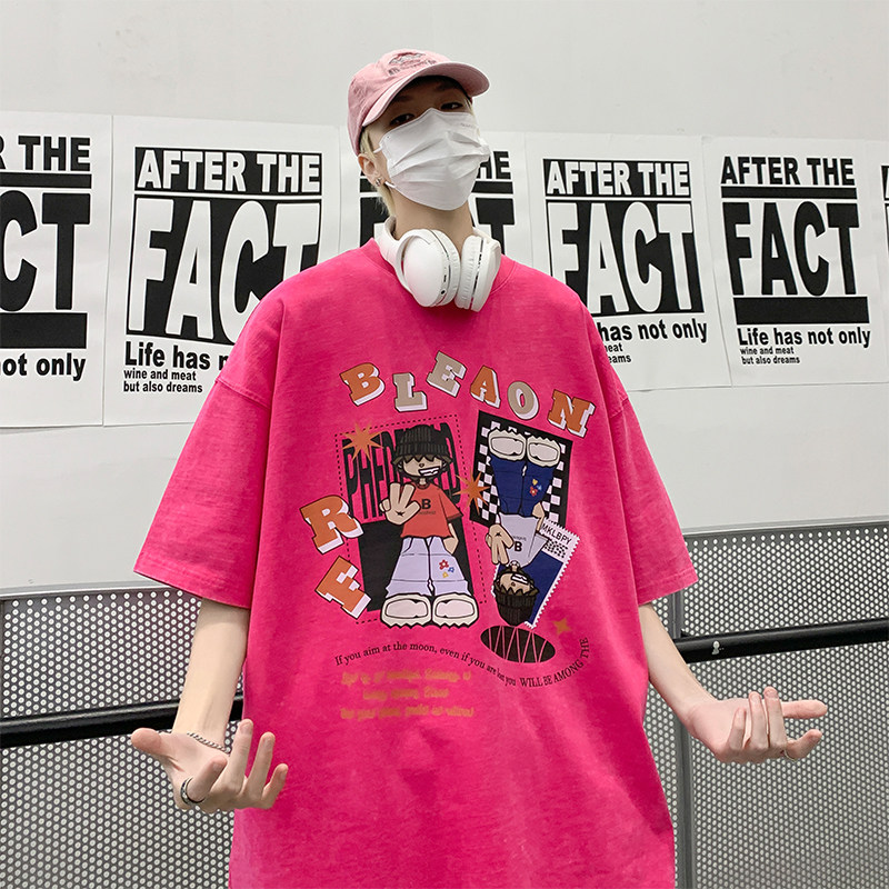 重磅纯棉直播品质美式复古卡通蜡染水洗做旧宽松短袖t恤T717P35,男装T恤,电商A486