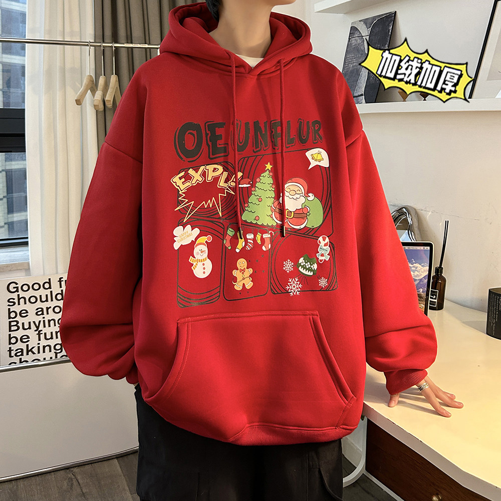 圣诞系列冬装加绒加厚潮牌卡通宽松连帽印花卫衣外套W666-P50,男装卫衣,电商A486