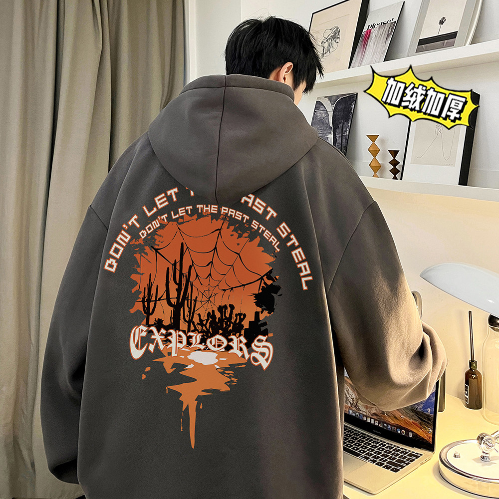 500g重磅 冬装加绒加厚  潮牌美式宽松连帽印花卫衣外套 W657-P50图片