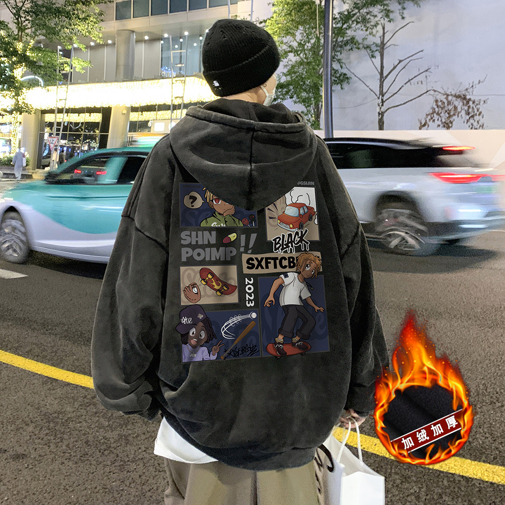 欧美式高街做旧水洗复古印花潮流连帽卫衣外套W556常规P65加绒P75,男装卫衣,电商A486