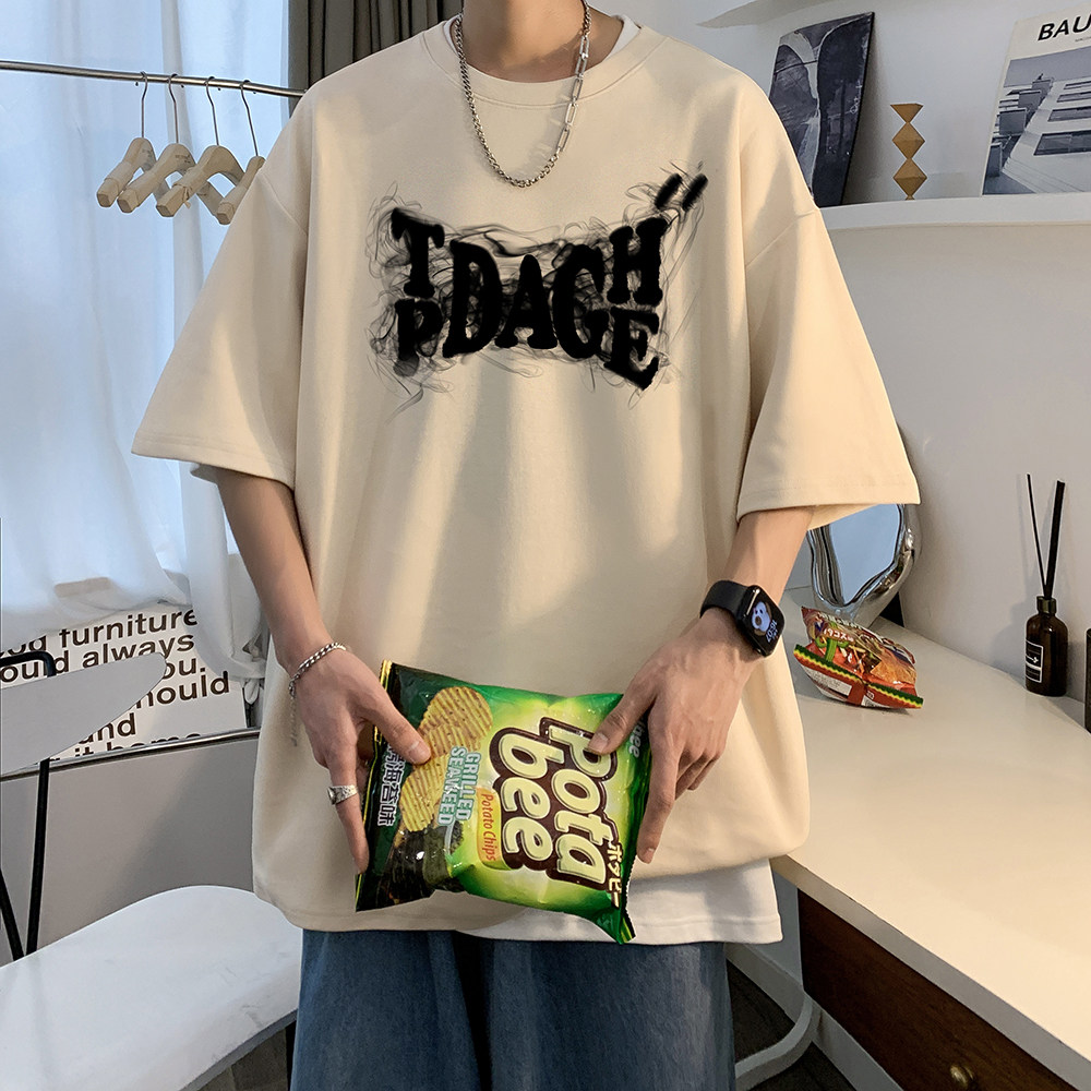 美式复古小领口液态棉短袖t恤男oversize潮牌潮流320g重磅7分袖夏,男装T恤,电商A486