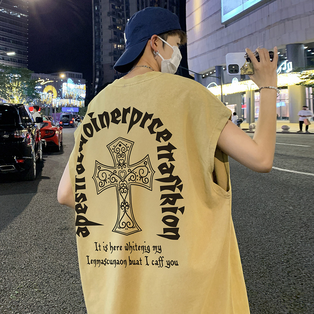 抖音品质数据超好美式暗黑水洗做旧潮牌无袖t恤背心BX669-P35,男装T恤,电商A486