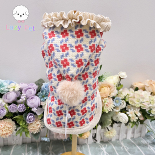 红色花针织可牵引绒球连帽披风外套 宠物冬季 「Lazy Pet」韩国代购