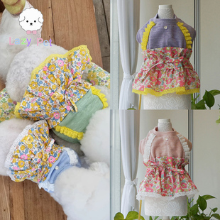 「Lazy 宠物手工花朵蕾丝边系带假两件棉麻连衣裙 Pet」韩国代购