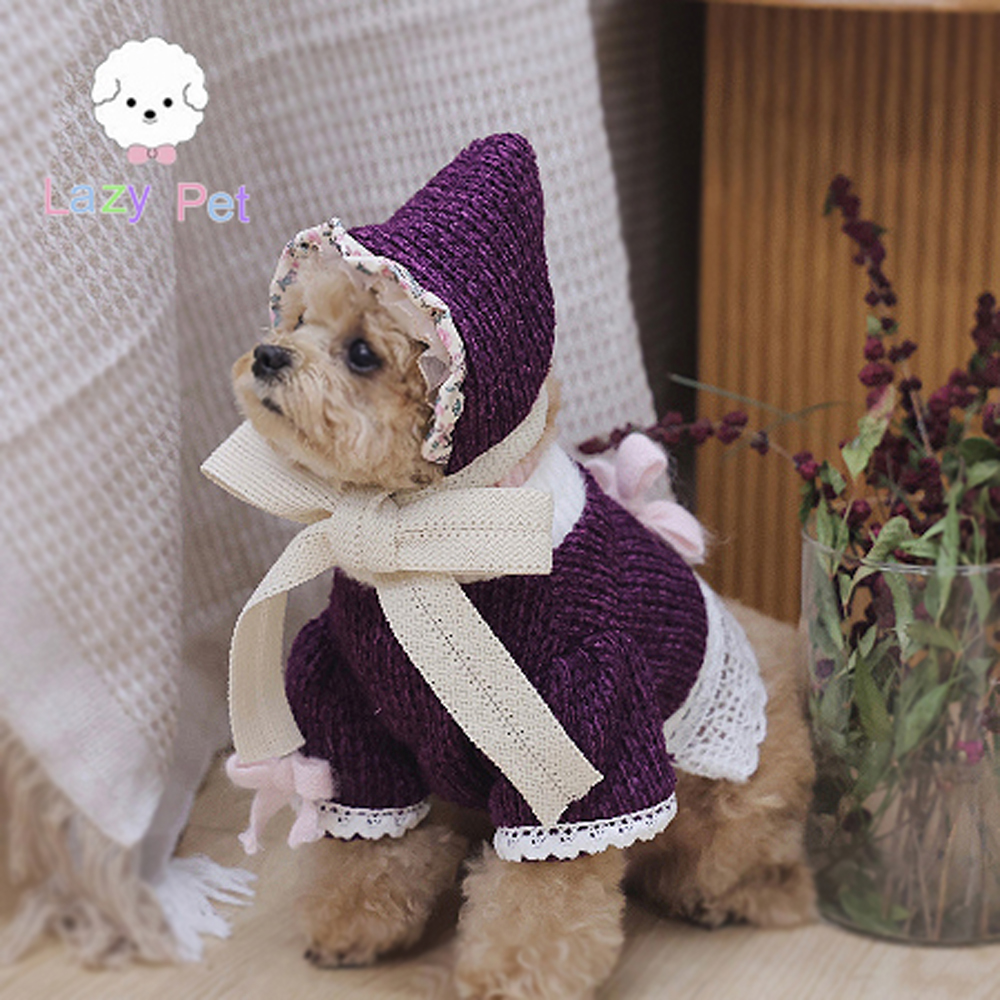 韩代宠物蝴蝶结蕾丝紫针织衫帽子