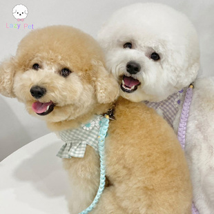 「LazyPet」韩国代购 麻绳牵引绳胸背 宠物猫狗出行可爱格纹荷叶袖