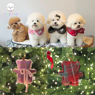 「Lazy 宠物猫狗秋冬粗花呢格纹手工小熊挂饰围脖 Pet」韩国代购