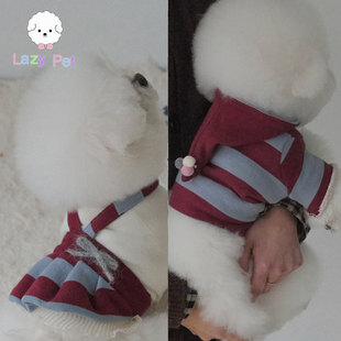 「Lazy Pet」韩国代购宠物酒红条纹针织背带裙可爱绒球短款连帽衫