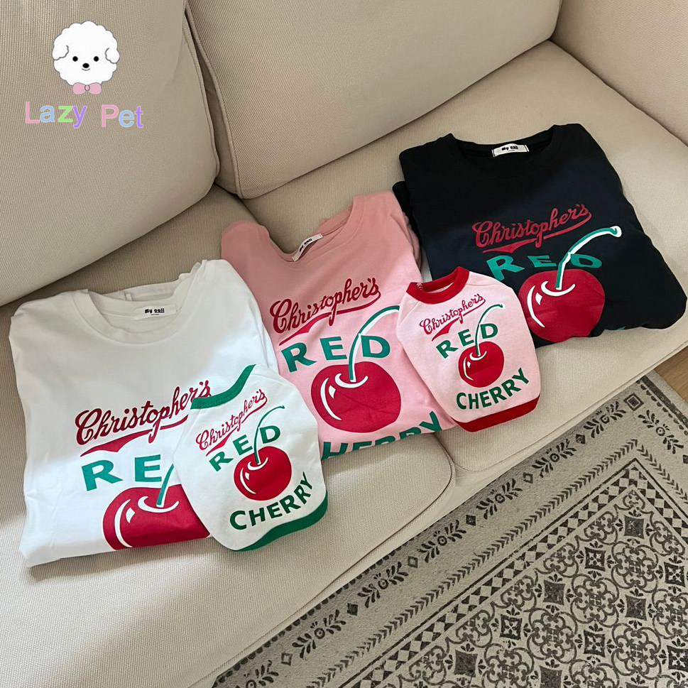 「Lazy Pet」韩国代购宠物猫狗红色樱桃字母印花短袖T恤亲子装