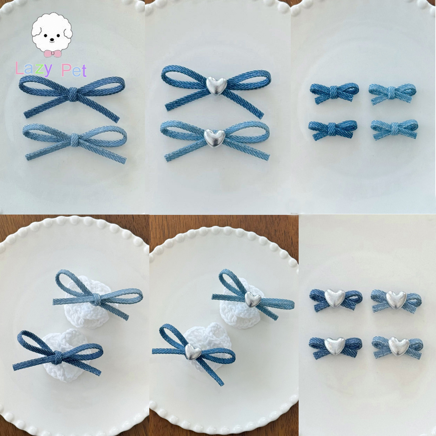 韩代牛仔丝带蝴蝶结爱心针织发夹