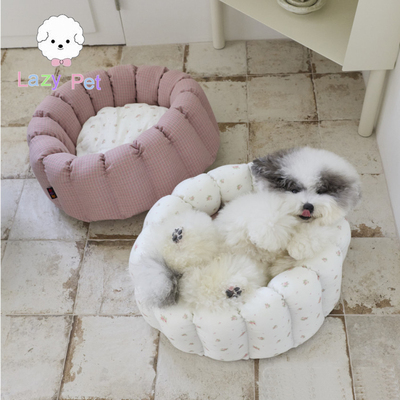 韩代格纹花朵双面翻转折叠猫狗窝