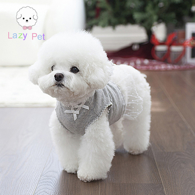 韩代宠物蕾丝边蝴蝶结灰色T恤