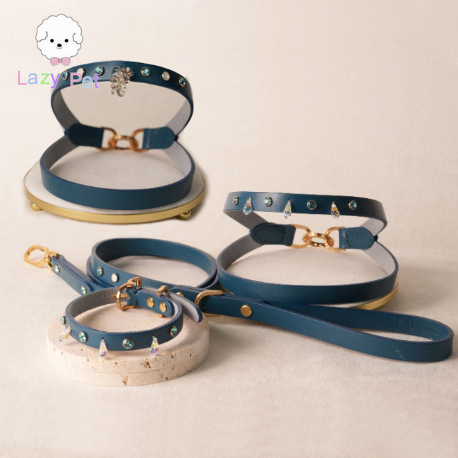 「Lazy Pet」韩国kandog宠物水晶装饰午夜蓝真皮项圈胸背牵引绳