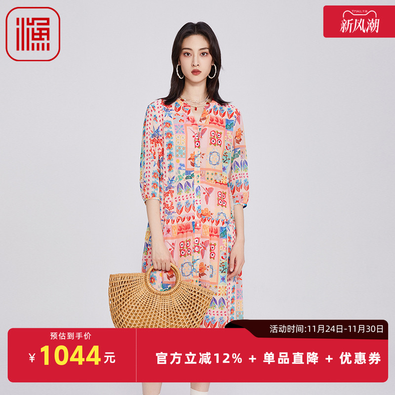 渔牌女装连衣裙2025新款宽松抽绳收腰印花休闲雪纺长裙子FGHA0029