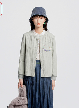 渔服饰衬衫2024新款女棉感无弹国风刺绣花薄款长袖上衣女FGGC2212