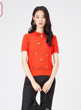 渔牌女装2024春夏新款镂空针织翻领短袖毛衣绣花休闲上衣FGGA1006