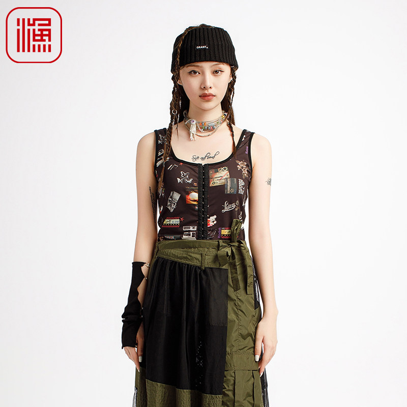 渔服饰吊带背心女2025新款弹力紧身印花休闲运动无袖上衣FGHA2408