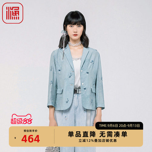 渔休闲风短款刺绣国风西装短外套