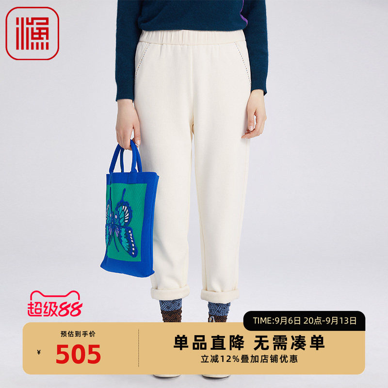 渔牌女装裤子女2024新款秋冬加绒厚款简约刺绣花针织长裤FGGD8208