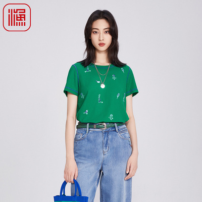 渔牌女装短袖刺绣T恤2025新款