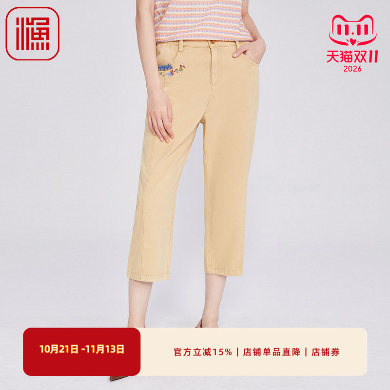 渔牌女装女裤子2025新款棉新中式简约绣花休闲长裤FGHA6241