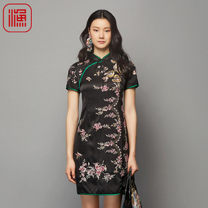 渔牌女装秋装女2023年新款重工绣花休闲显瘦旗袍领连衣裙FGFC0048