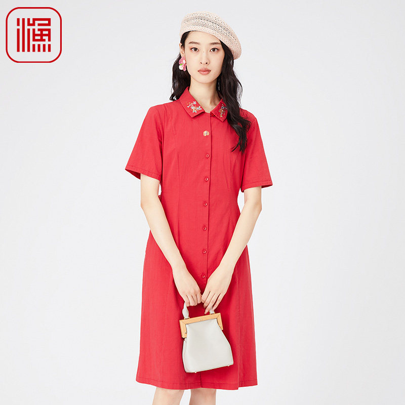 渔牌女装连衣裙2024新款女春夏纯棉弹力刺绣花短袖长裙子FGGB0006