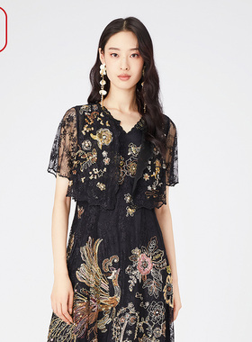 渔牌女装风衣女款2024新款镂空薄款精致绣花短袖女短外套FGGA3069