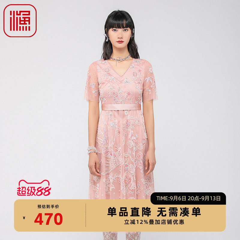 渔牌夏季修身蕾丝绣花连衣裙