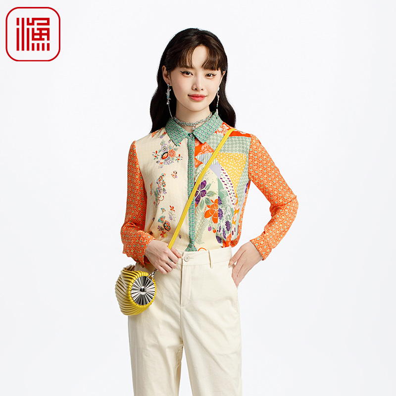 渔牌女装春装女款2025年新款真丝桑蚕丝格纹印花衬衣衬衫FGHA2209
